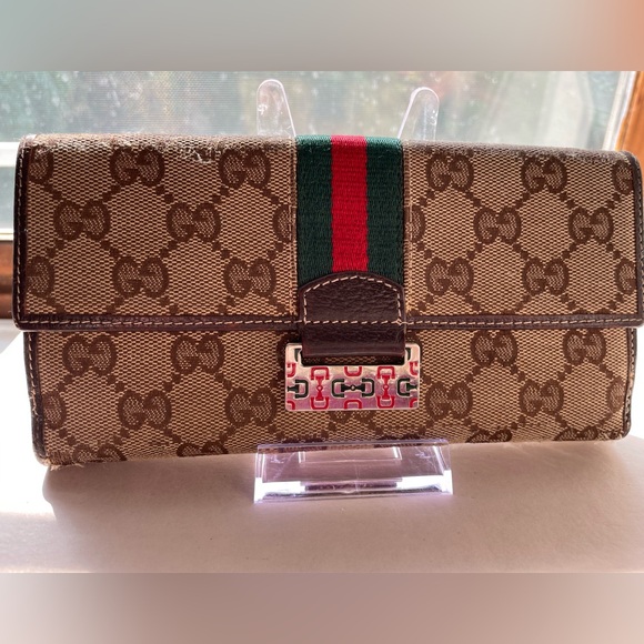 Gucci Fold Purse Sherry Long Wallet GG Brown Canvas Leather Italy - Picture 1 of 9